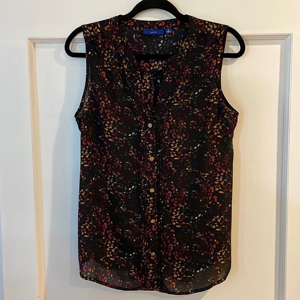 Apt. 9 Black Sleeveless Sheer Button-Front Blouse with Multicolor Leaf Print